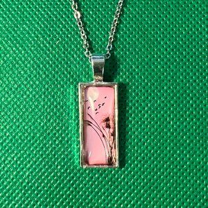 Pink Sky with Moon & Birds & Tree Silver Tone Rectangular Pendant Necklace
